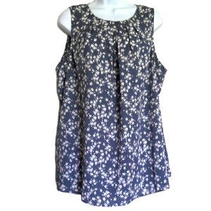 Fun2Fun Long Floral Top Shell Sleeveless Pleated French Blue & Cream EUC Sz 1XL